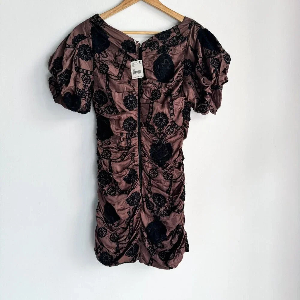 Free People Ruched Embroidered Puff Sleeve Mini Dress XS - Picture 8 of 9
